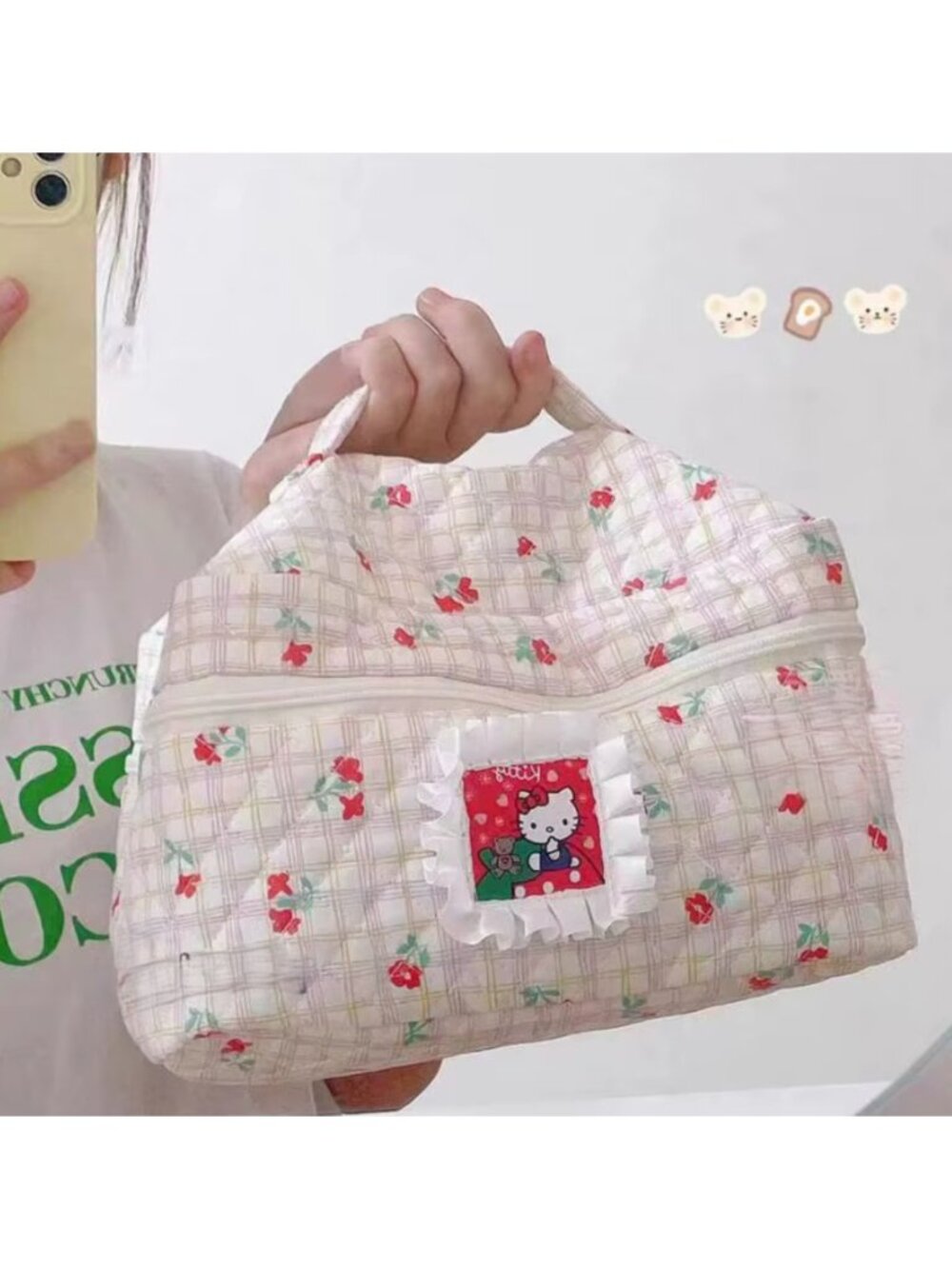Cute Quilted Cosmetic Bag Featuring Hello Kitty Large Capacity Travel Makeup